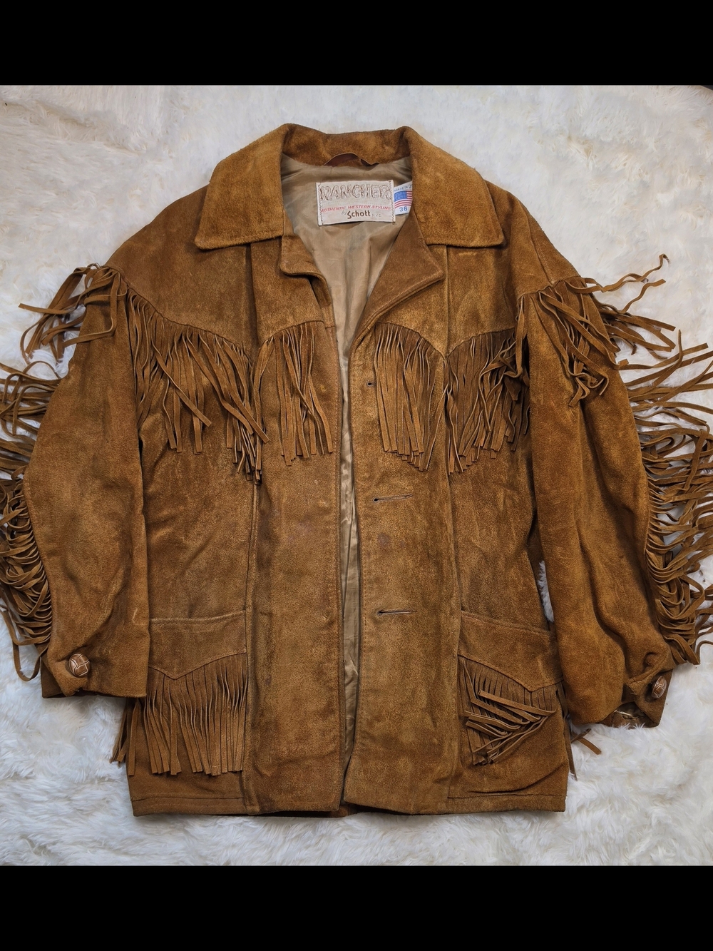 Vtg 70s Schott Rancher Suede Leather Fringe Western Jacket Brown Mens Size 36 XL